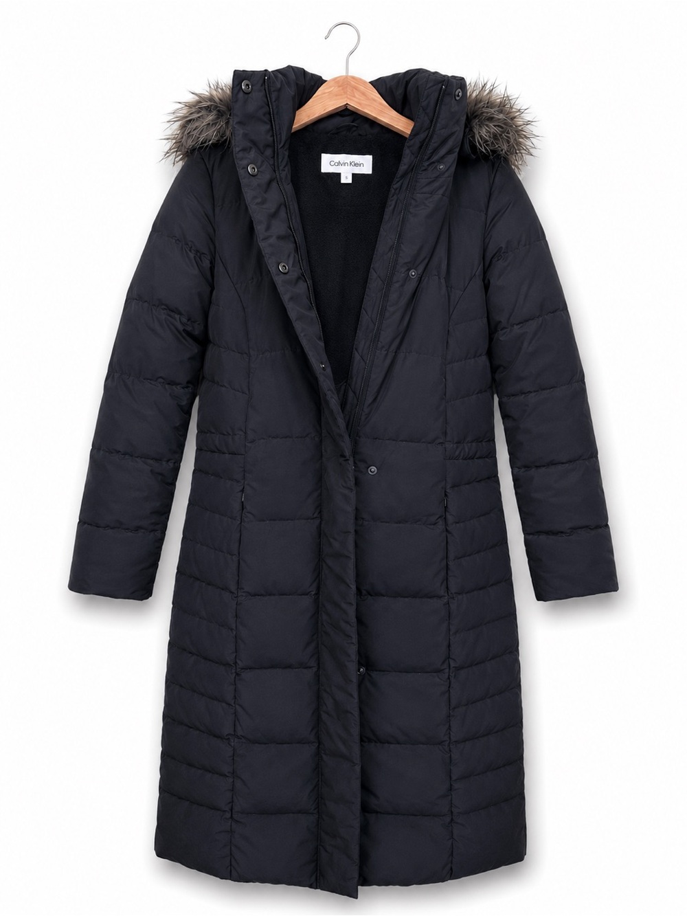 Calvin Klein | Black Long Hooded Puffer Parka Quilted Zip Snap Coat Jacket Small